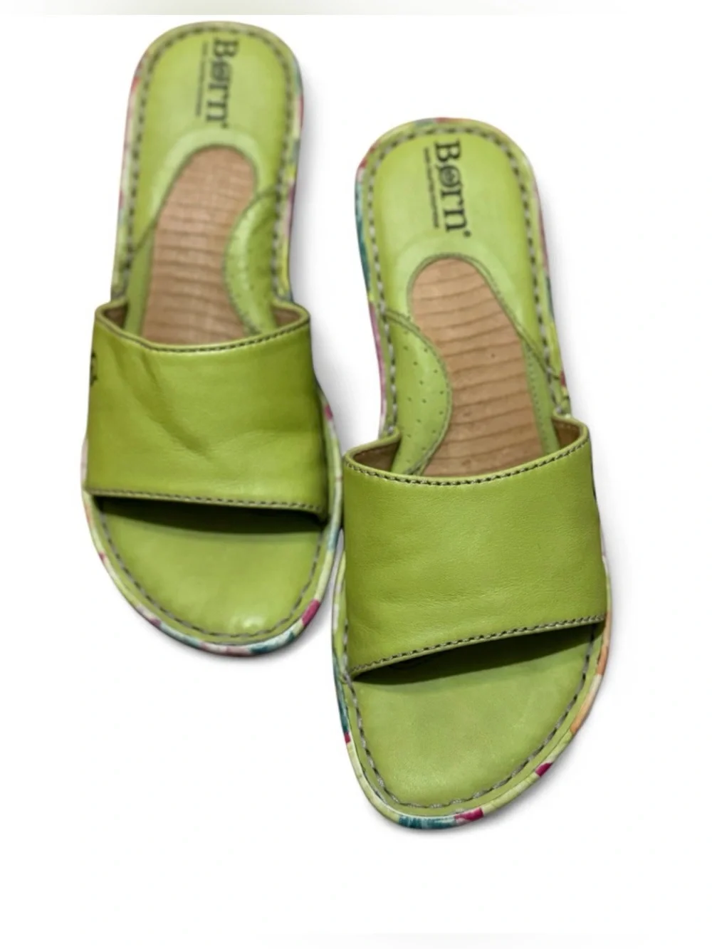 Sold Born Bright Lime Leather Slide Wedge Sandals - Size 7
